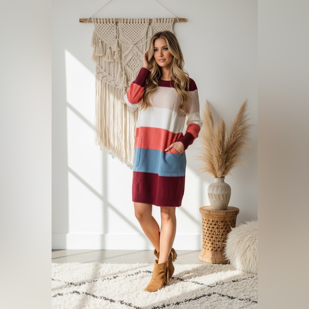 LuLaRoe Lauren Sweater Dress • Maroon Coral Teal Block Stripe • Sweater Knit